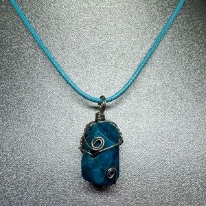 Blue Apatite Stone Wire Wrapped Pendant Necklace New “Stone of Creativity”